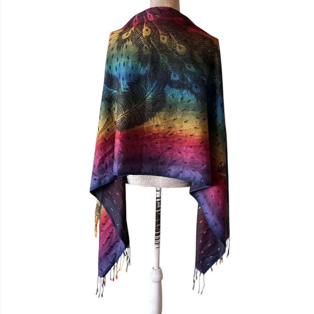 Peacock Feather Rainbow Pashmina Shawl Wrap Scarf Fringe Size OS - Picture 5 of 11